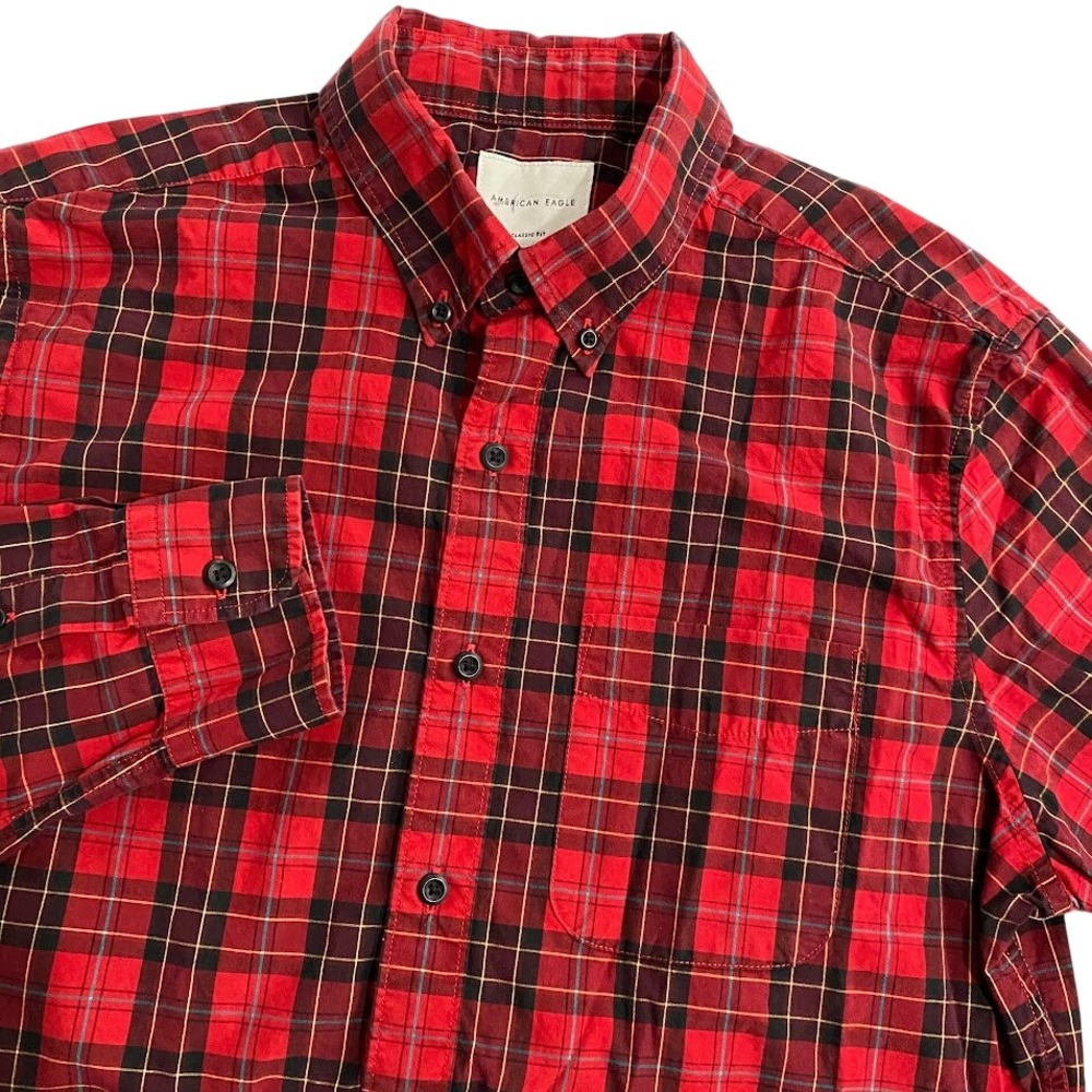 American Eagle Mens Plaid Button Down Shirt Medium Classic Fit Red Black